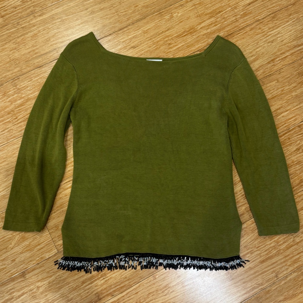 Vintage Clio green beaded 3/4 sleeve silk blend blouse